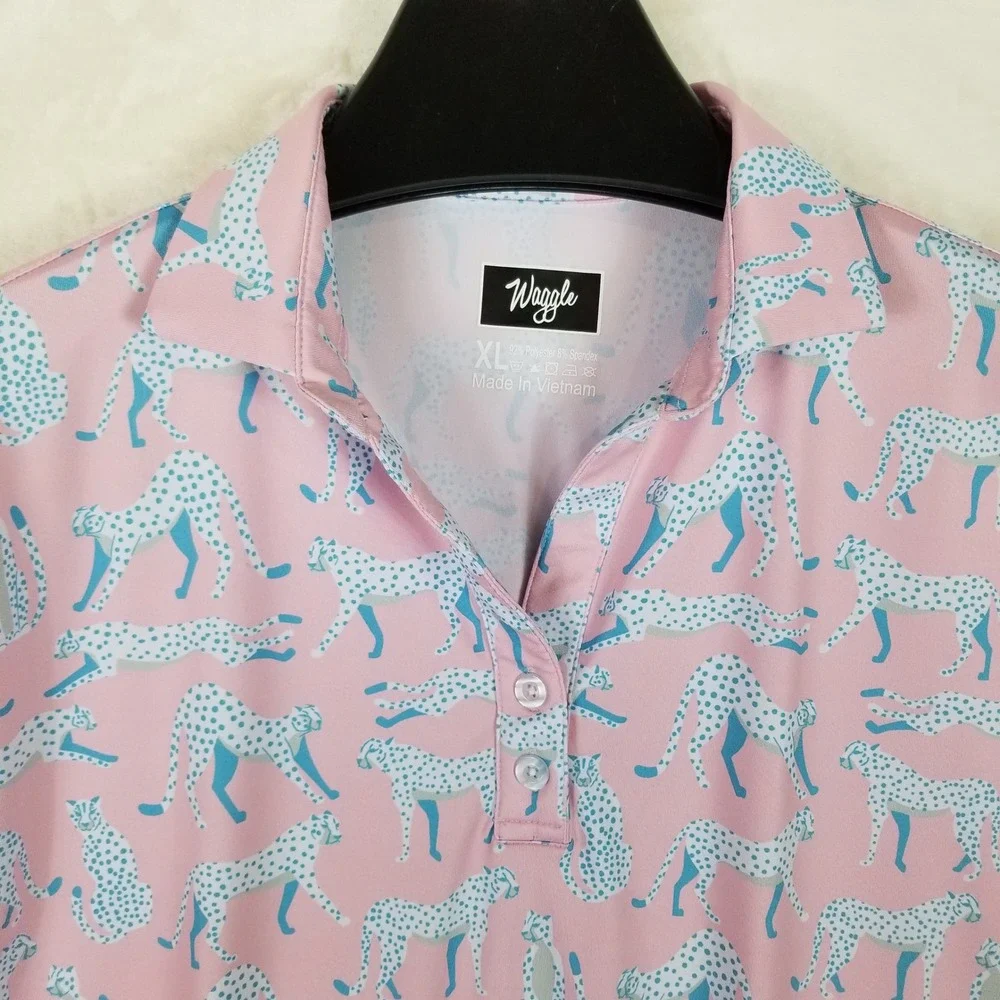 Waggle Men XL Pink‎ Cheetah Golf Polo Shirt Short Sleeve Stretch Performance - Picture 5 of 7